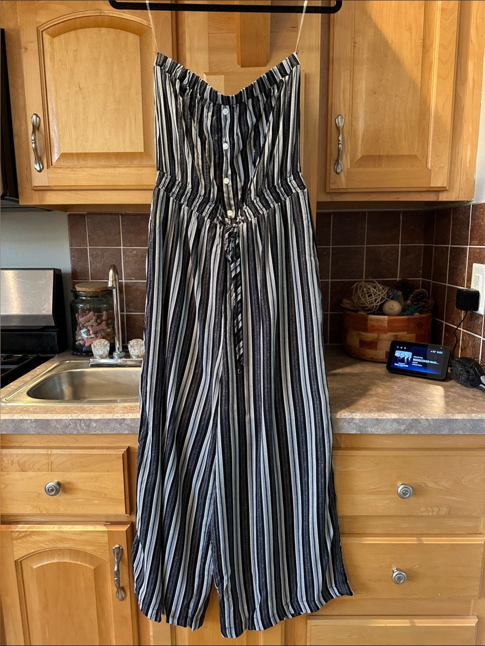 Ci Sono Black and White Striped Strapless Jumpsuit